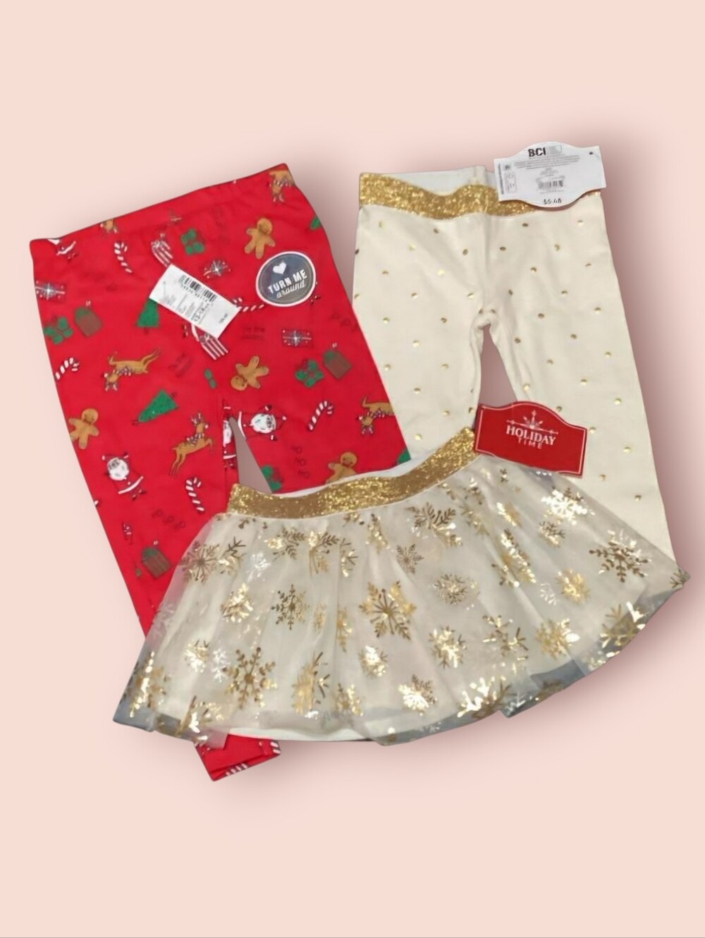 Holiday Time Kids Red & Gold Holiday Leggings and Gold Snowflake Tutu Set